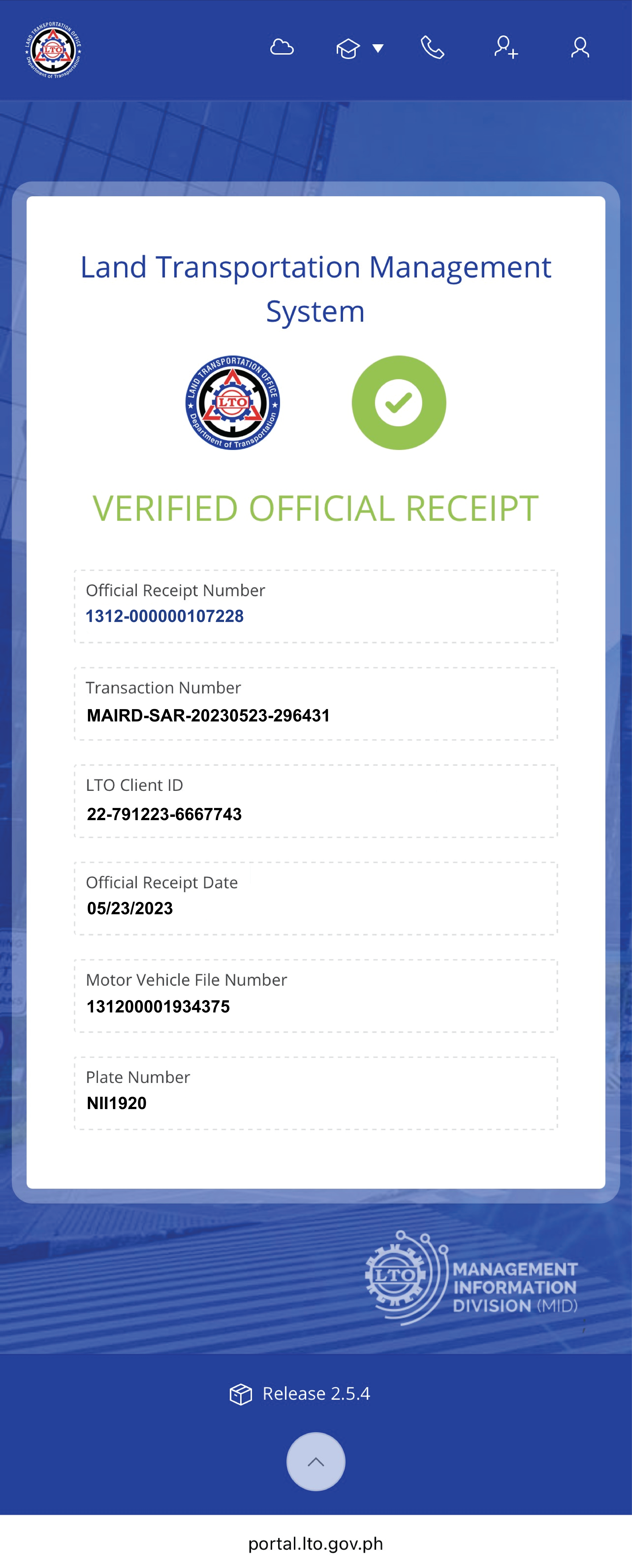 Verified Official Receipt